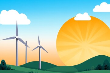 Obraz premium A minimalist flat design of a wind turbine silhouette on a hill, illustrated with clean lines and soft blue gradients