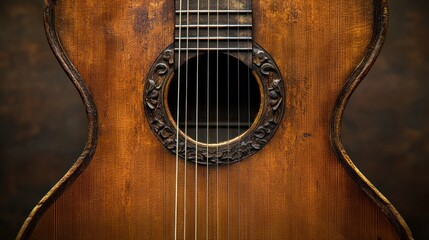 Close-up of antique acoustic guitar's soundhole and strings.