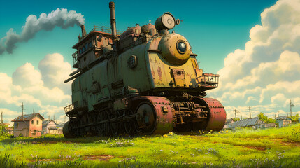 A Rusty Steampunk Train in a Green Field