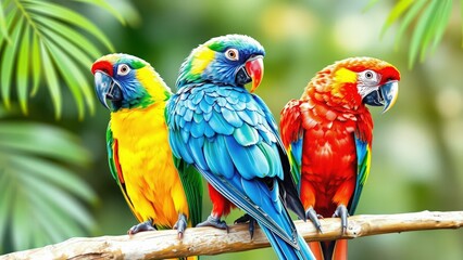 Obraz premium Vibrant Tropical Parrots: A Stunning Display of Nature's Beauty for Home Decor and Art Lovers