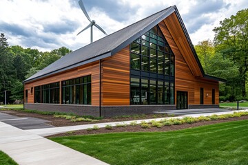 Obraz premium A modern community center with a small wind turbine powering the building and green gardens around