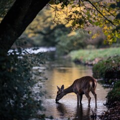 Naklejka premium Majestic Deer Drinking Water in Serene Forest Setting Surrounded by Lush Greenery and Autumn Foliage with Gentle Stream Reflections in Nature