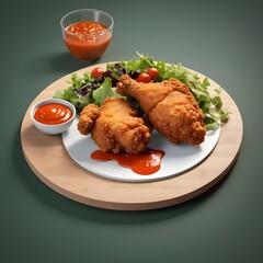 Crispy Fried Chicken with Fresh Salad and Dipping Sauce on Wooden Plate - High-Quality Food Photography