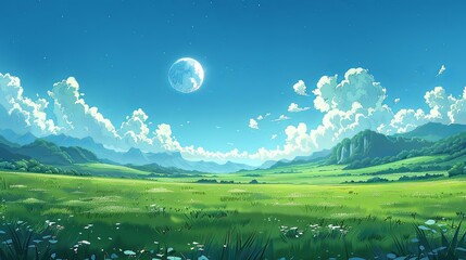 Obraz premium Serene landscape painting of a vast green field under a bright blue sky and large moon.