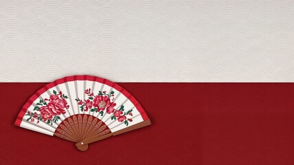 Japanese Pattern, New Year's themed red and white background with a folding fan, with copy space