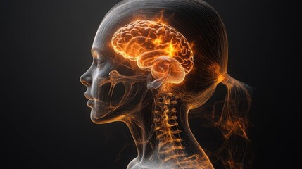 Glowing Brain of a Young Girl, Profile View, Dark Background