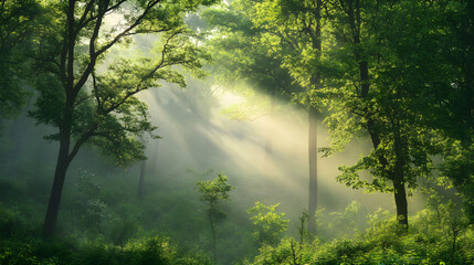 Obraz premium Morning mist rolling through a dense forest, foggy weather, mysterious ambiance