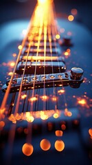 Close-up of electric guitar strings with glowing lights.