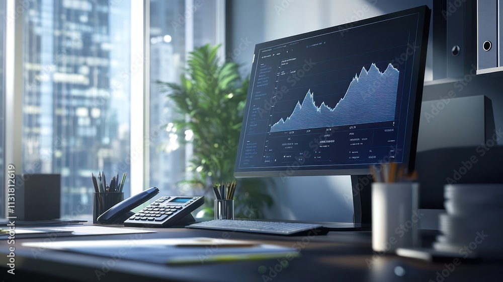 Poster modern office workspace with financial data display