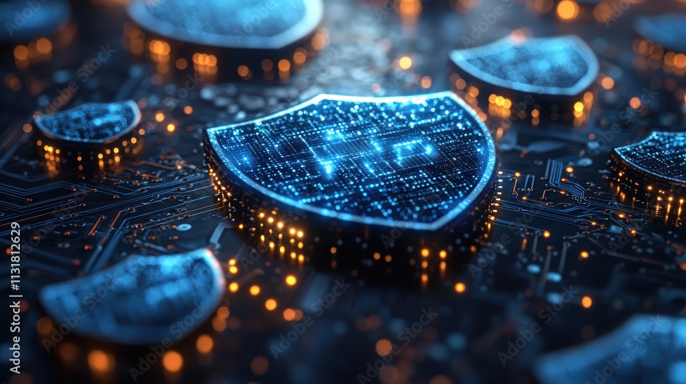 Poster multiple digital security shield icons on a circuit board background, symbolizing data protection