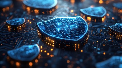 Multiple digital security shield icons on a circuit board background, symbolizing data protection