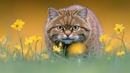 Obraz premium Wildcat stalking through yellow wildflowers at sunset