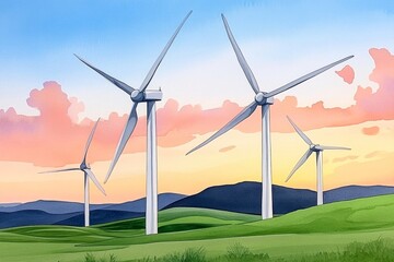 Obraz premium A soft watercolor painting of a wind farm during a sunrise, with gentle pastel hues blending into the sky and green fields below