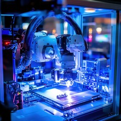 Fototapeta premium Advanced Robotic Arm Operates in a High-Tech Laboratory for Precision Fabrication and Manufacturing Tasks with Blue LED Lighting and Modern Equipment