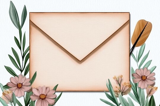 A soft watercolor painting of a vintage envelope surrounded by blooming flowers and a quill, evoking nostalgia and elegance