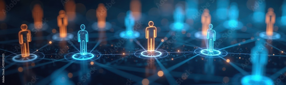 Poster abstract digital network connects glowing person icons. tech network shows interconnected people. gl