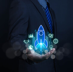 Businessman touching transparent rocket icon launching. Startup concept, rocket, growth, company,...