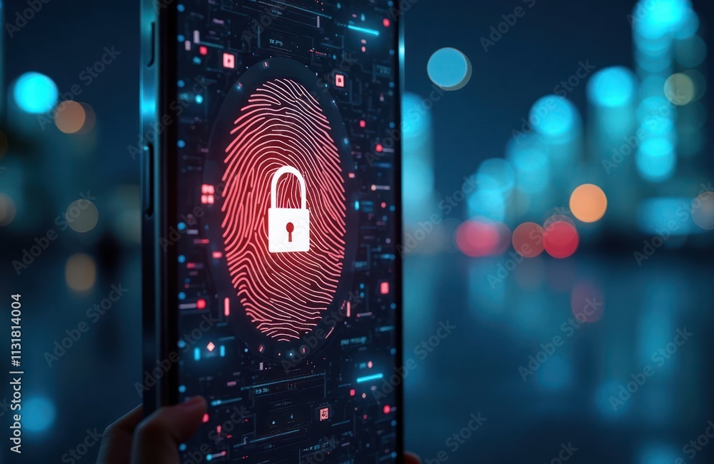 Aufkleber Mobile phone security concept shown on screen. Fingerprint scan, padlock symbolize secure access. Modern tech concept. Secure access to digital device. Night city background blurred. Future tech.