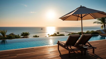 Umbrella and chair set up around a sparkling swimming pool at a luxurious hotel resort with a stunning sunrise in the background, morning, vacation spot