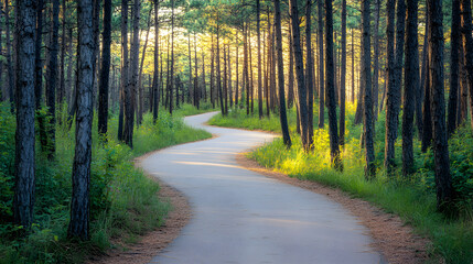 Fototapeta premium Bicycle path winding through a pine forest, inviting and serene