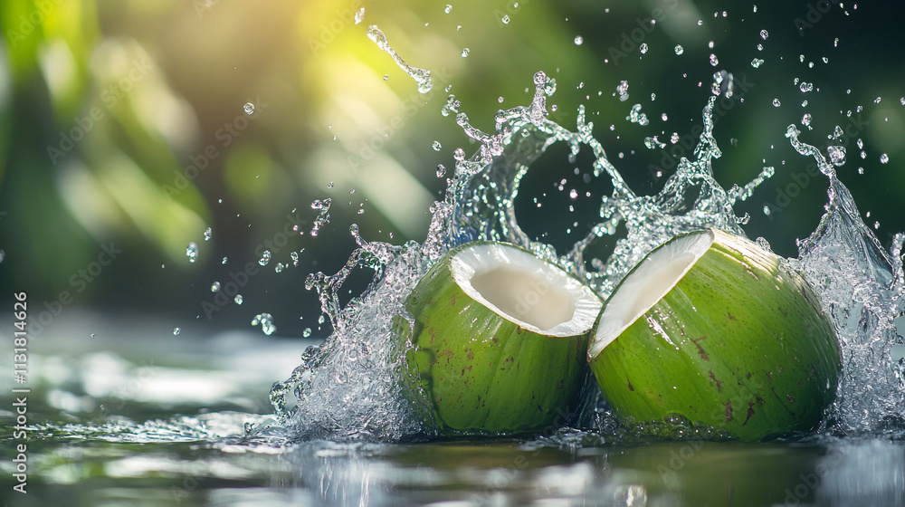 Poster fresh coconuts splashing into clear water in a tropical setting during the daytime