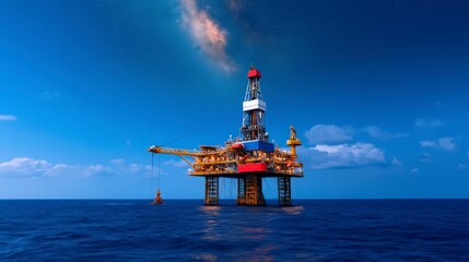 Offshore Oil Rig at Night  Milky Way  Ocean Energy  Industrial