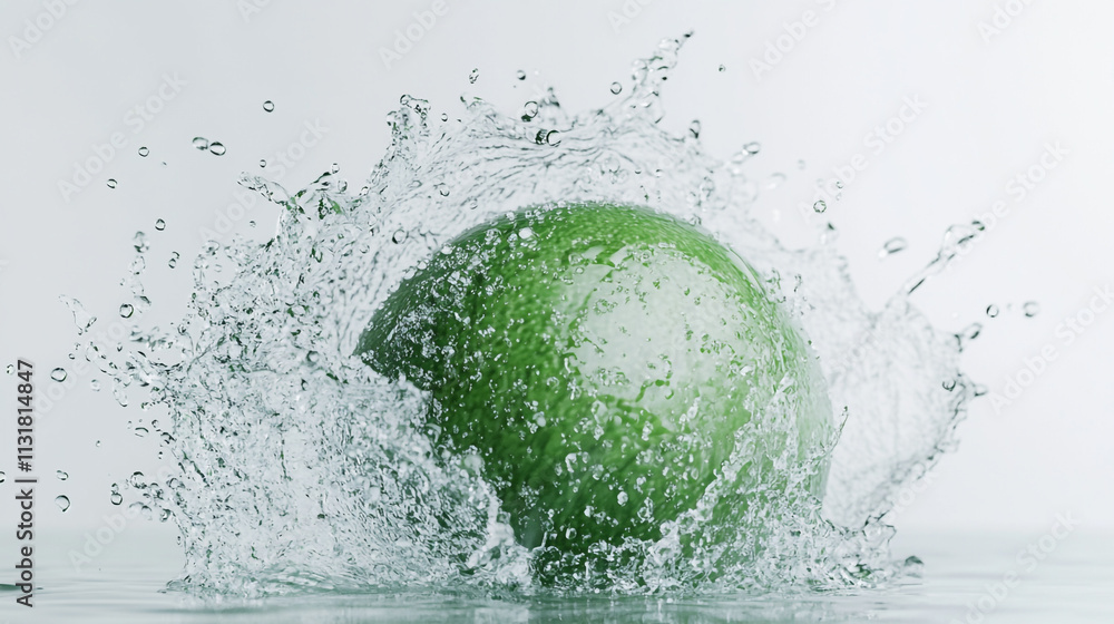 Poster green sphere splashes into water creating dynamic droplets and ripples