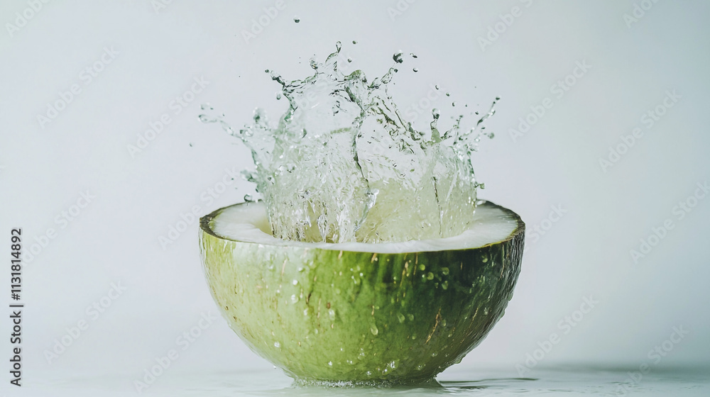 Poster green fruit split open and splashing water against a plain background creates a refreshing scene