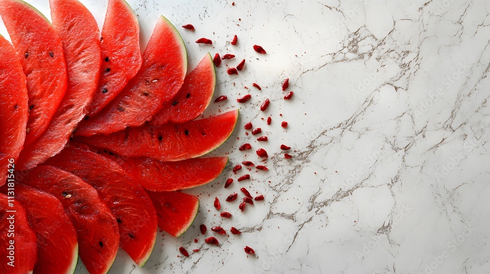 Poster watermelon slices arranged in a circular pattern on marble