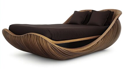 Curved wooden bed with brown bedding.