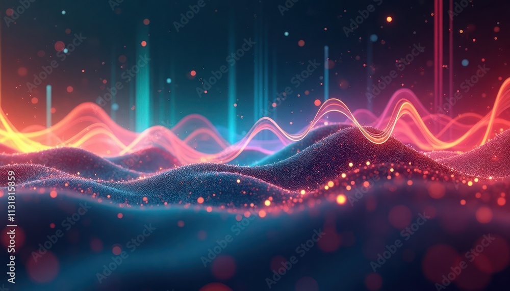 Poster Colorful data visualization shows sound waves moving through digital landscape. Dynamic graphic design features vibrant glowing lines. Abstract tech visualization concept. Modern tech elements evoke