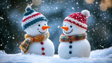 Obraz premium Two snowmen wearing felt hats standing in the snow