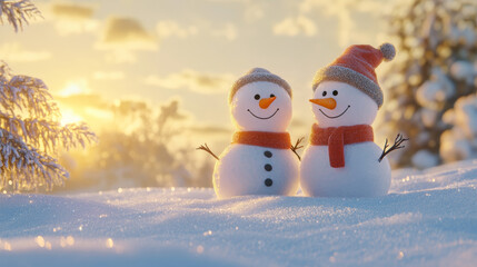 Obraz premium Two snowmen wearing felt hats standing in the snow