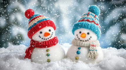 Fototapeta premium Two snowmen wearing felt hats standing in the snow