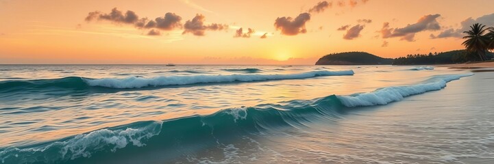 Naklejka premium Vibrant sunrise over tranquil tropical island beach with golden waves crashing on shore, vacation, beach