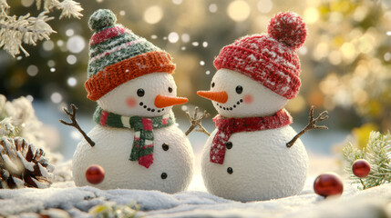 Fototapeta premium Two snowmen wearing felt hats standing in the snow