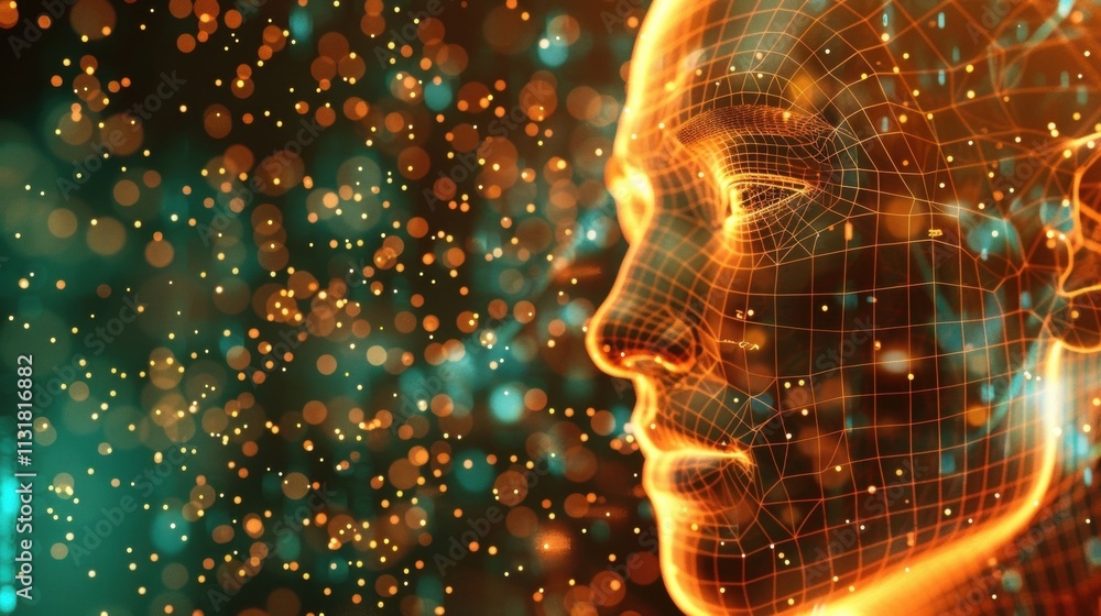 Poster orange wireframe human face representing artificial intelligence processing big data surrounded by g