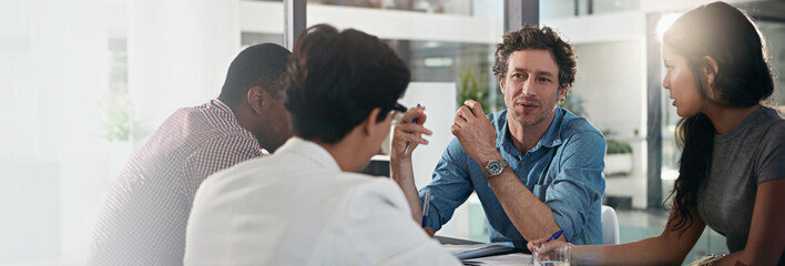 Business people, together and team in discussion, meeting and feedback as creative in office....