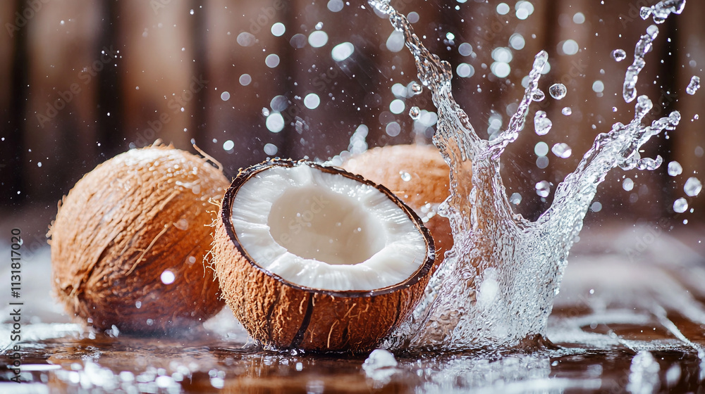 Poster fresh coconuts splashing water in a rustic setting during bright daylight