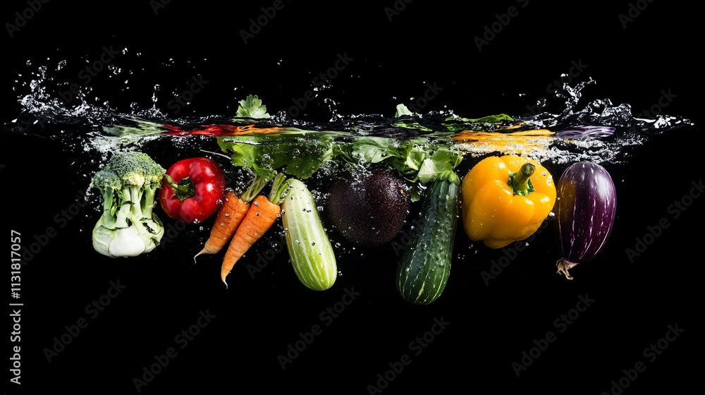 Poster fresh vegetables splashing into water creating dynamic motion on black background