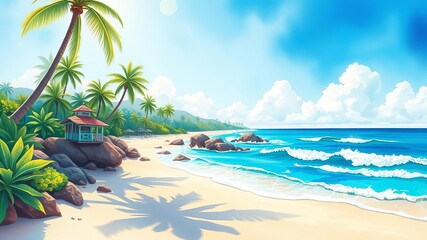 vibrant watercolor illustration of a tropical beach with golden sand and crashing waves, coast, vibrant