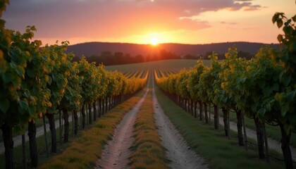 Fototapeta premium Vineyard pathway at sunset. Rows of grapevines stretch into distance. Warm colors of setting sun. Scenic rural landscape. Idyllic wine region. Perfect for wine tourism agriculture promotion. Tranquil