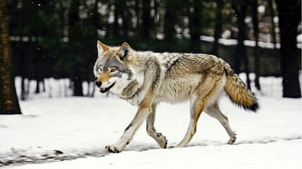 Fototapeta premium Majestic Grey Wolf Walking in Winter Snow Landscape