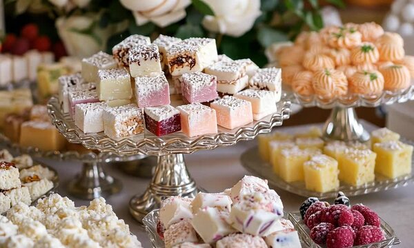 Assorted pastel-colored confectionery squares on a silver cake stand at a dessert buffet.