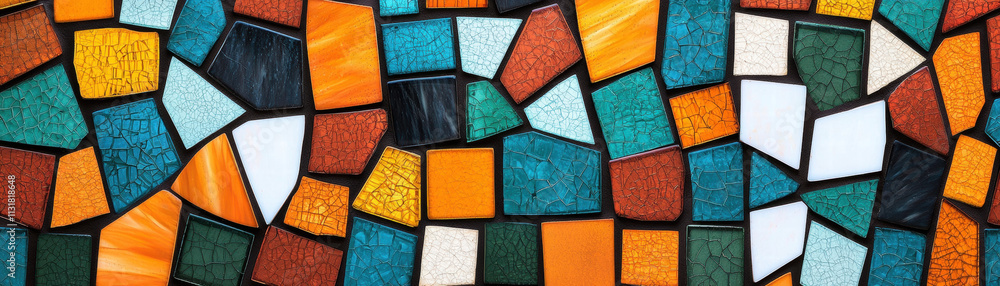 Poster mosaic texture stained glass vibrant mosaic pattern featuring colorful tiles in various shapes and s