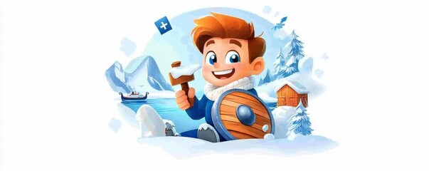 Naklejka premium Happy Viking Boy in Snowy Landscape