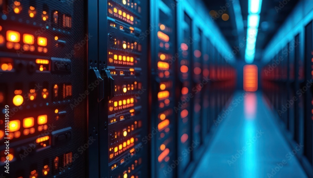 Aufkleber close-up tech infrastructure view. server racks illuminated by vibrant orange, blue lights. modern d