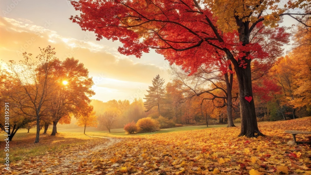 Poster vibrant autumn forest with red trees and golden sunlight creating a serene atmosphere in the evening