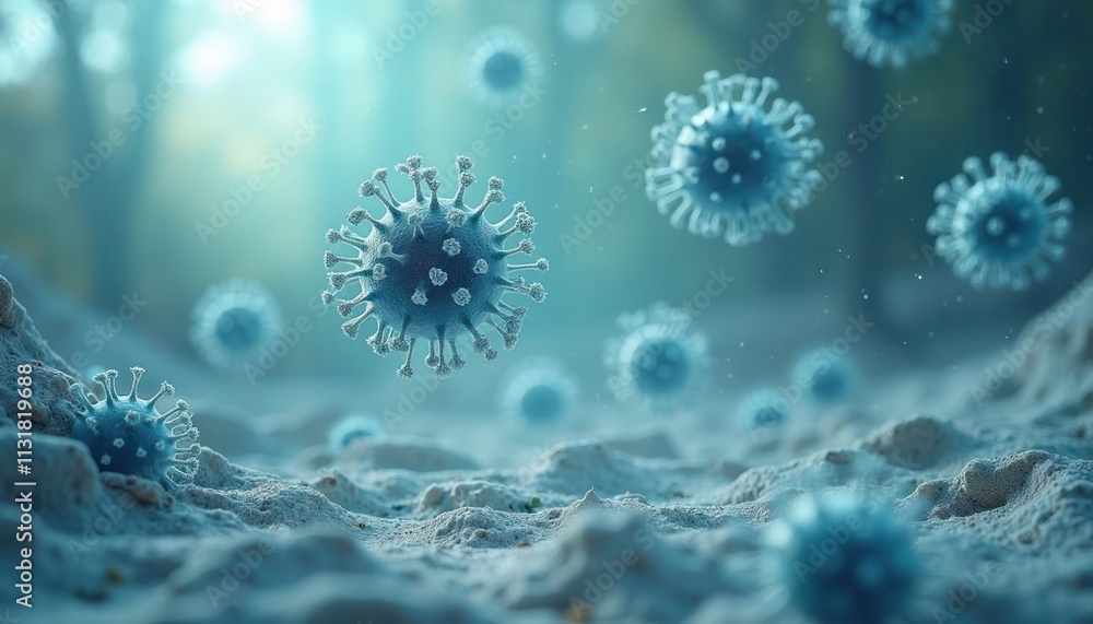 Poster microscopic view shows pathogens floating. microbes spread rapidly in epidemic zone. toxic contamina