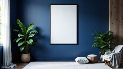 Fototapeta premium Modern Cozy Living Room with Blank Frame Poster Mockup